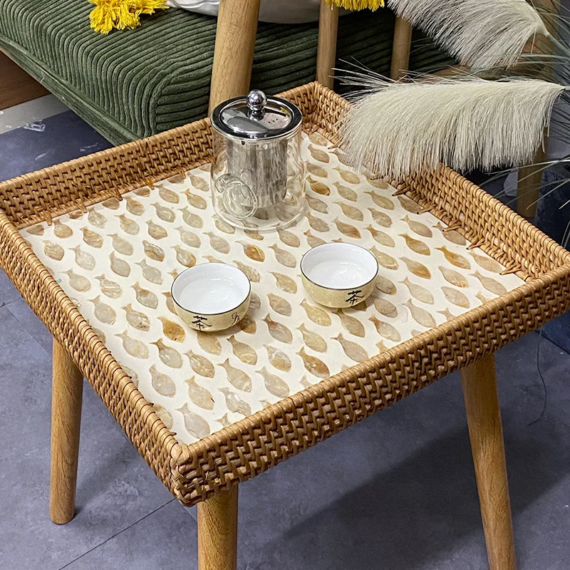 Handmade Rattan Storage Tray Shell Small Tea Table Round Hexagon Storage Rack Picnic Table Creativity Fruit Organizer Basket