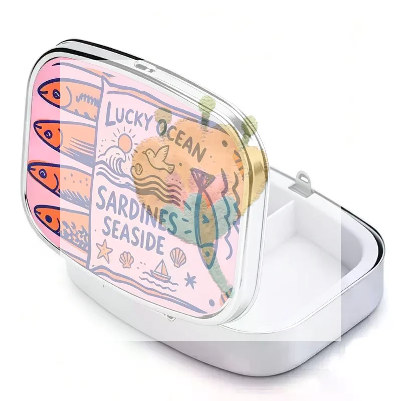 Portable Metal Pill Organizer Cute Sardine Print 2 Compartment Small Medicine Box for Travel Hiking Daily Carry