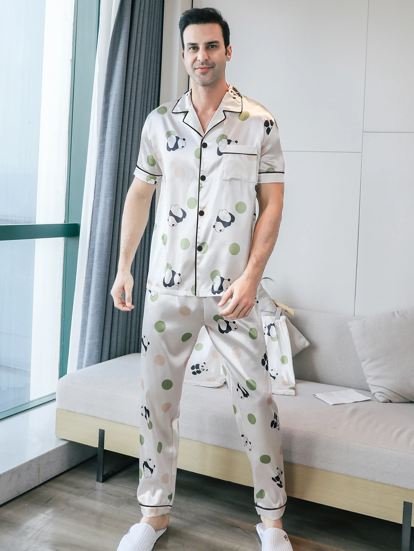 Two piece sets men's sleepwear summer short sleeved pants with panda pattern printed home clothes sleepwear set