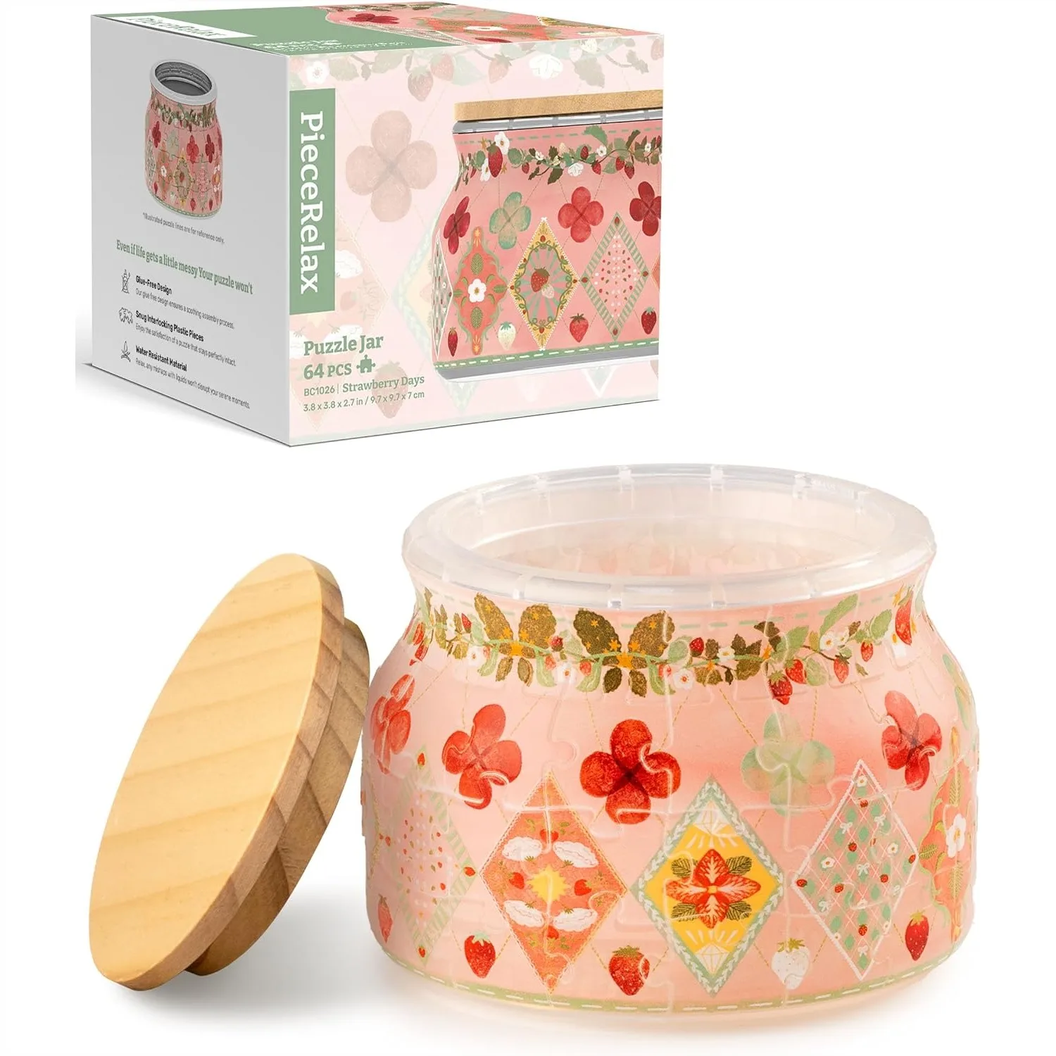 

3D Puzzle Jar 64 Plastic Pieces for Adults, Sweetness of Strawberry, Small Jigsaw with Wooden Lid, No Glue Required