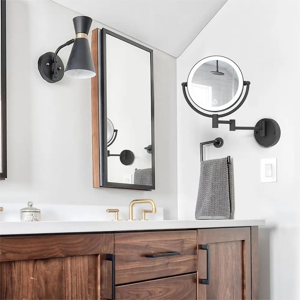 8 مرآة مكياج LED مع تعتيم 3 ألوان، تكبير 1X/10X، ذراع قابلة للتمديد، 360 درجة °   دوار، سلكي، أسود غير لامع