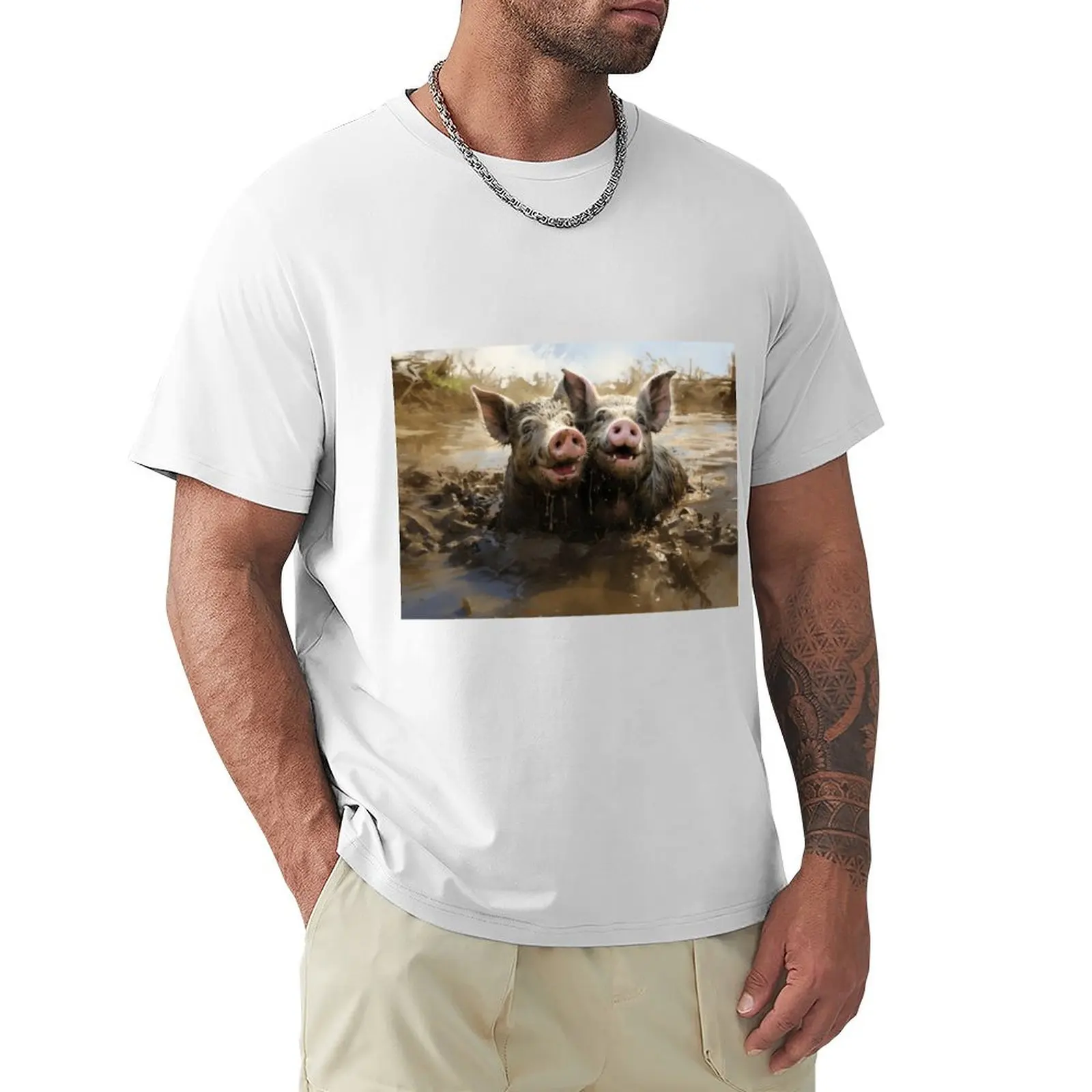 

happy cute pigs in the mud T-shirt blacks funnys Aesthetic clothing mens t shirts