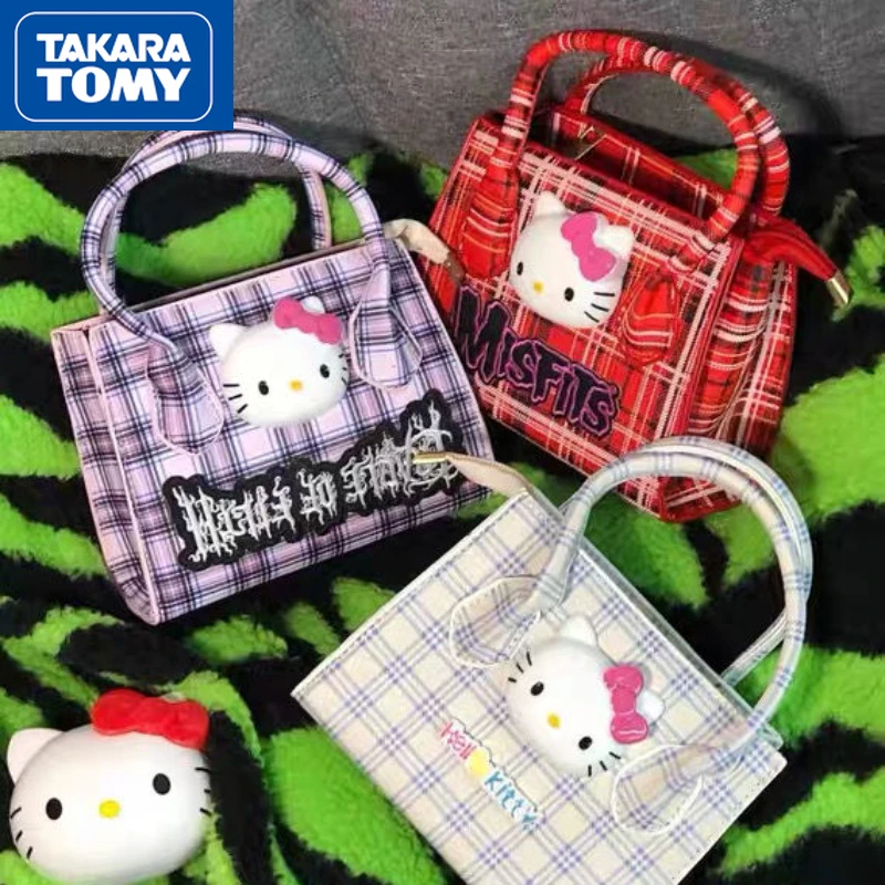 

TAKARA TOMY 2022 New Hello Kitty Red Plaid High-sensitivity Handbag for Girls Embroidered PU Dirty-resistant Messenger Bag