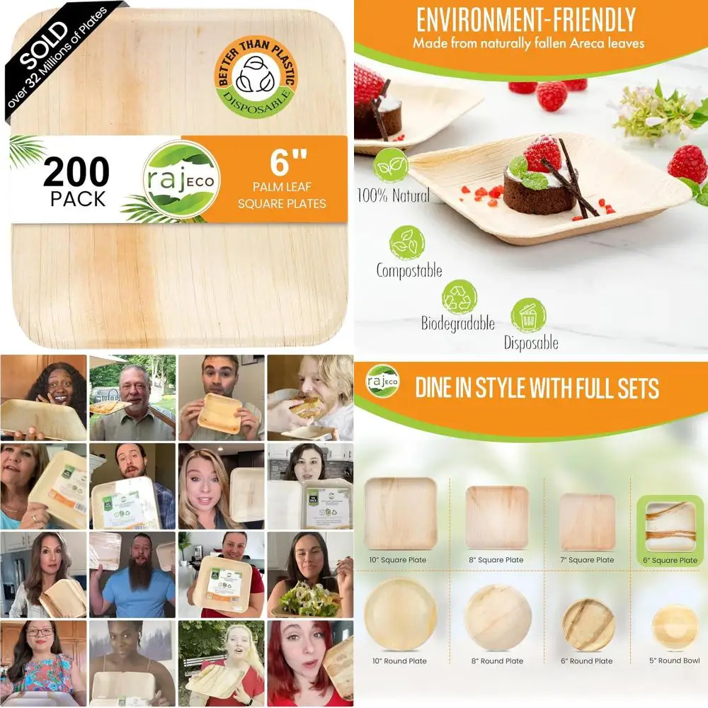 

200-Pack 6 Square Palm Leaf Plates, Eco-Friendly Disposable Tableware for Events & Outdoors