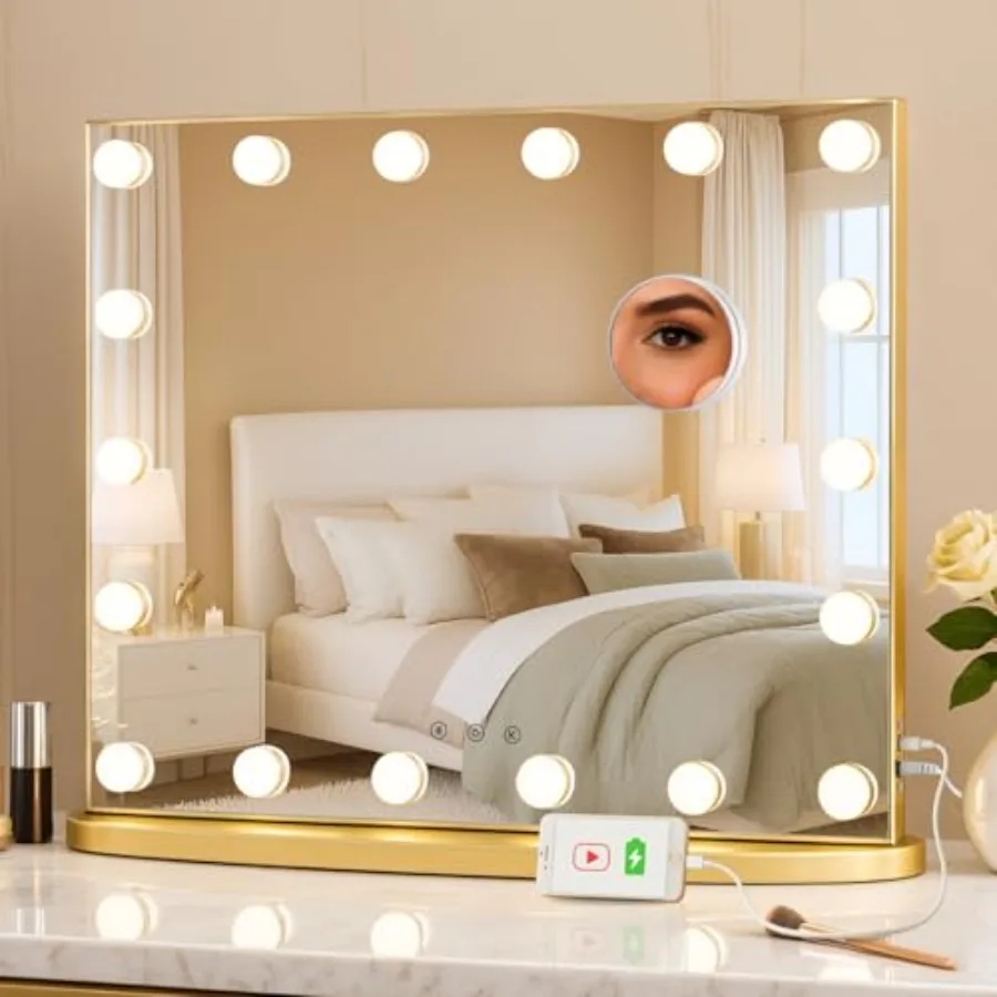 

Hollywood Glamour Vanity Mirror with 4 Extra Bottom Bulbs Shadow-Free Perfect Makeup View Desk and Wall Mountable 3 Color Modes