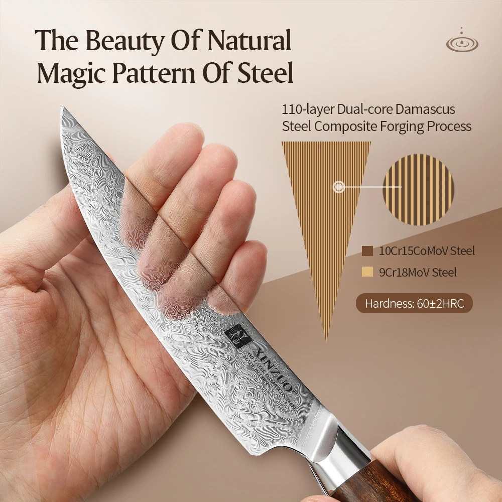 XINZUO 5'' Steak Knife Set 110 Layers Damascus Steel Kitchen Knife Damask Knife Hand Forge High-end Western Steak Knives