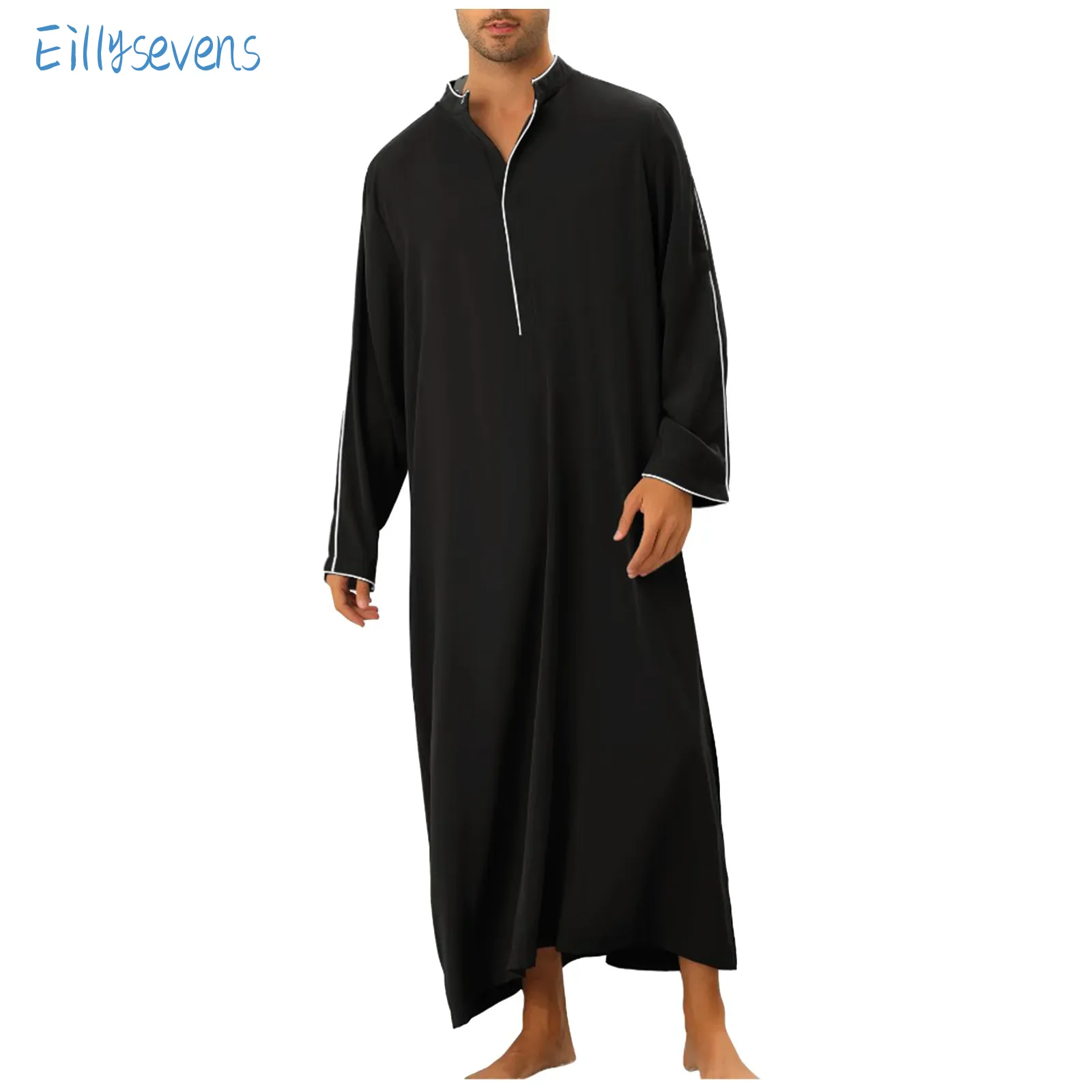 Jubah pakaian Muslim pria gaun panjang etnis Dubai pakaian kasual Pullover pakaian modis garis sederhana jahitan Jubba Thobe longgar