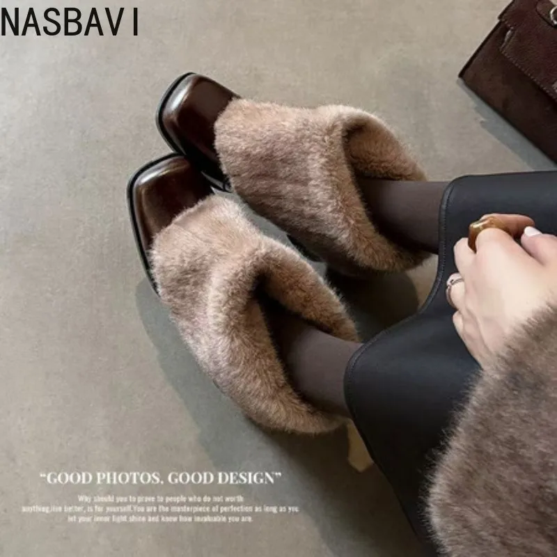 Square Toe Fluffy Fur Mary Janes Block Chunky Heel Slip on Fashion Warm Women's Loafers Black Solid Casual Outdoor 2026 Spring