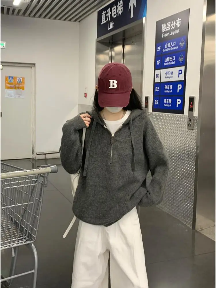 

Korean Fashion Women Solid Long Sleeved Hooded Zipper Sweater 2024 Autumn Winter New Elegant Versatile Pullover Knit Tops Trendy