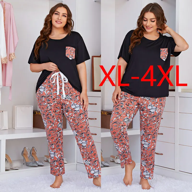 

Summer plus Size Women's Pajamas Two-Piece Suit High Waist Cotton Blend Comfortable Breathable Street Sle ort Sve