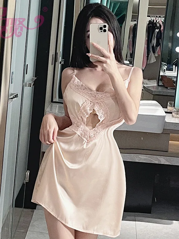 Malha tanque mini vestido de renda estilingue vestido sexy elegante transparente oco para fora renda sexy moda 2023 topos coreano especiarias meninas q12j