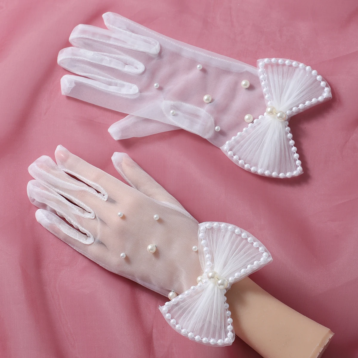 Guantes de fiesta llenos de estilo elegante para mujer, guantes de vestir con cuentas blancas con lazo, adecuados para Bola de boda