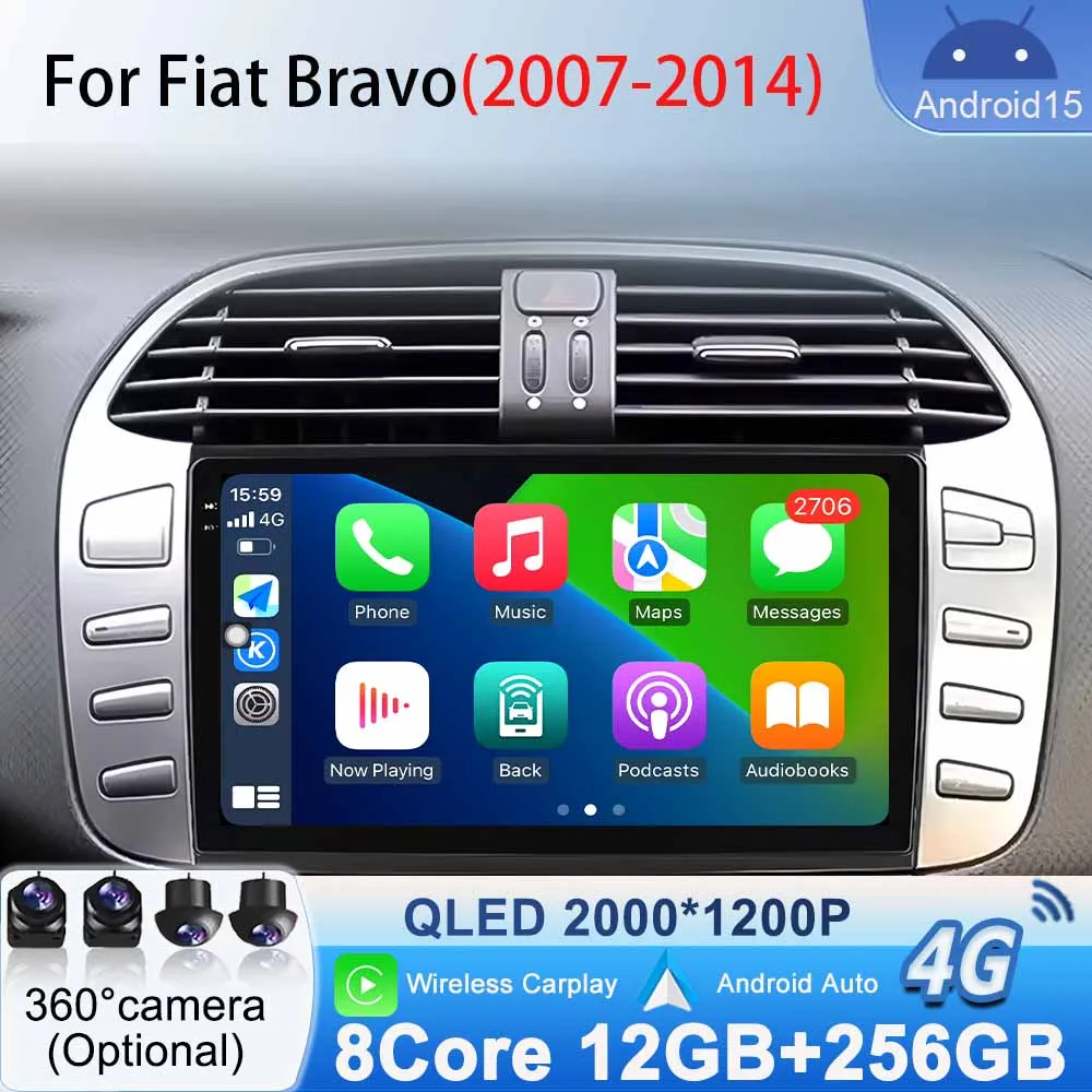 Для Fiat Bravo 2007 2008-2014 Автомобильный радиоприемник GPS-навигация WiFi Стерео Android15 Мультимедийный видеоплеер Авторадио НЕТ 2din Bluetooth