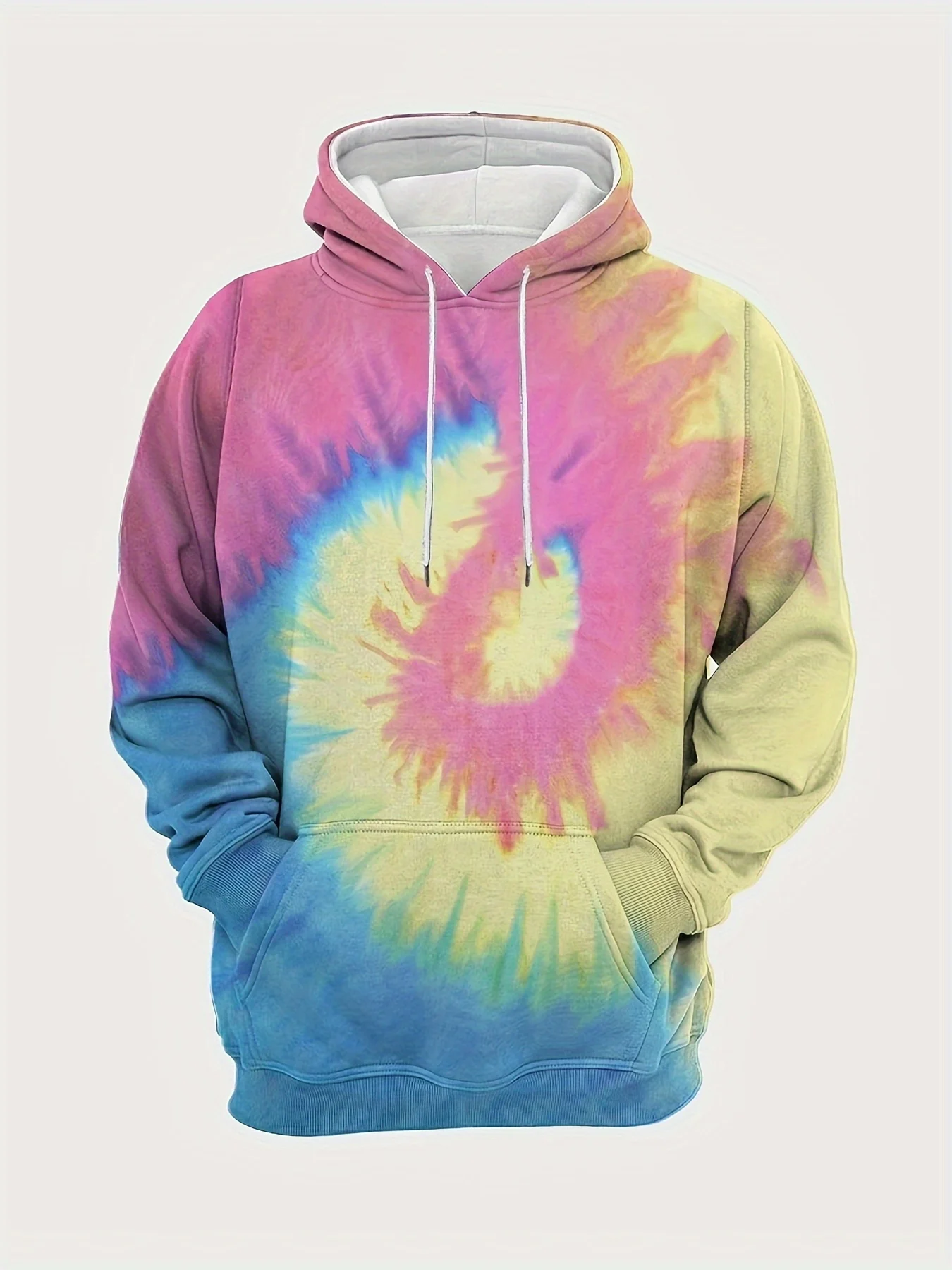 

Plus Size Men'S 3D Rainbow Print Casual Long Sleeve Pullover with Drawstring, Medium Stretch, Front Pockets, Ideal for Sports