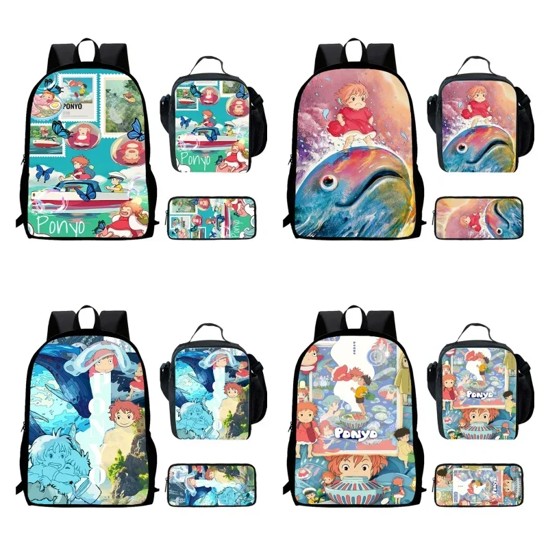 Anime Ponyo Child School Backpack With Lunch Bags Pencil Bags For Kindergarten,Light Weight School Bags For Boys Girls