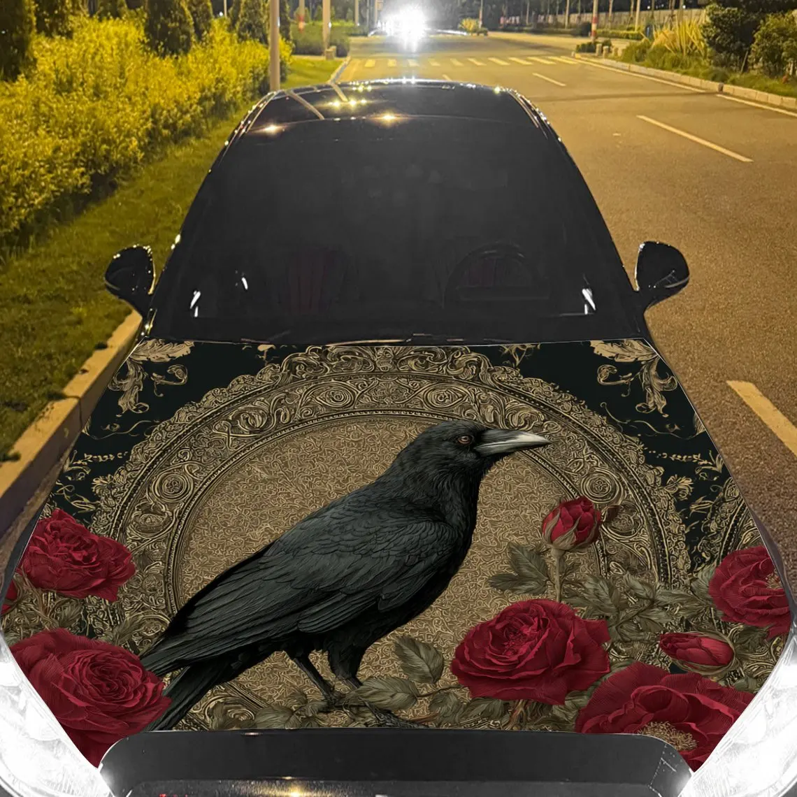 Mystical Dark Raven & Rose Car Hood Sticker,Waterproof Self-Adhesive Vinyl Graphics Decals,Decorative Auto Accessories Stickers