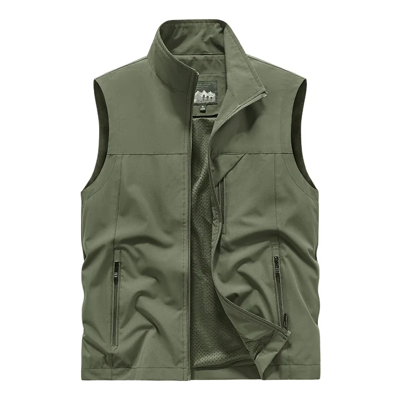Spring Summer Men's Polyester Stand Collar Multi-Pocket Cargo Vest Outdoor Photography Fishing Casual Waistcoat Coat