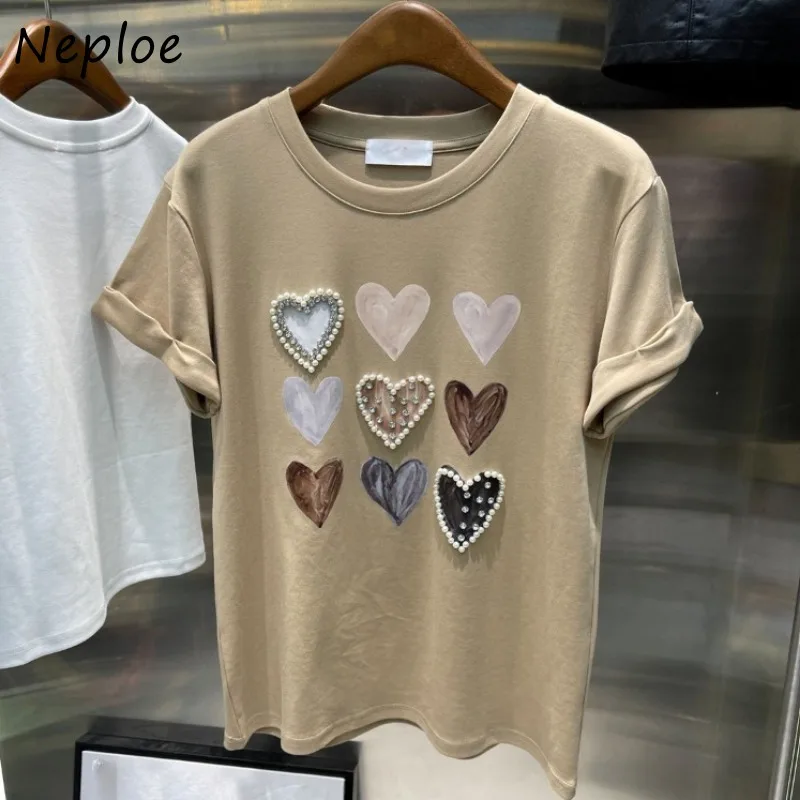 Neploe Fashion All-match Heart Beading O-neck T-shirts Y2k Short Sleeve Loose Tee Shirt 2024 Summer New White Tops Women