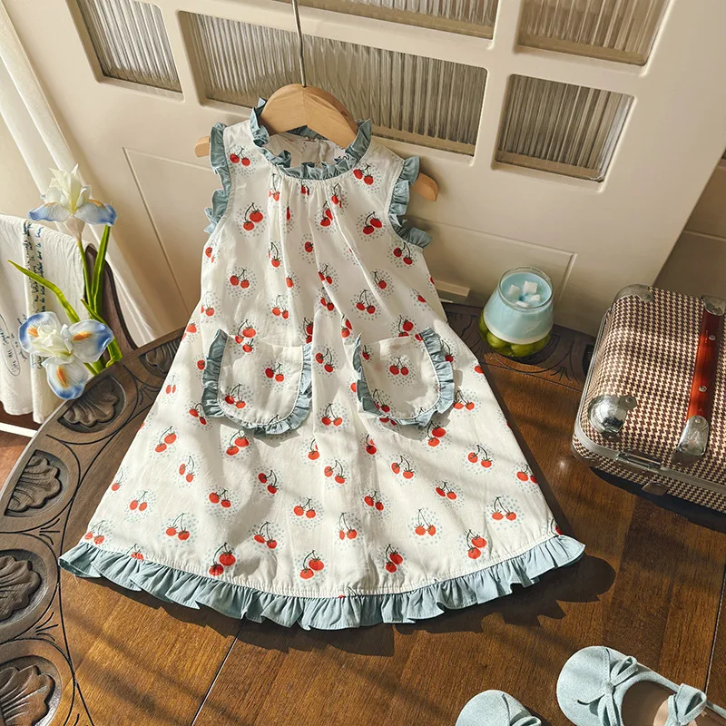 2026 Summer New Print Girls Dress Korean Sleeveless Lotus Leaf Princess Dress Vest Children Sweet Skirt