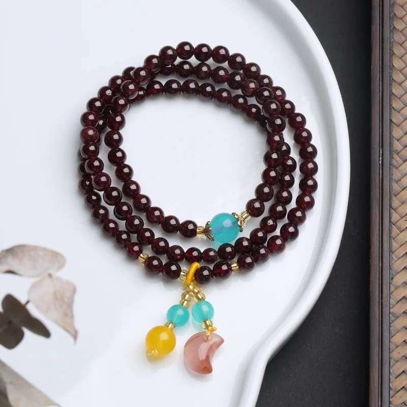 

Браслет из натурального три круга граната с южным красным агатом, амазонитом, подвеской в виде луны, ювелирные изделия из кристаллов и бисера с несколькими кругами