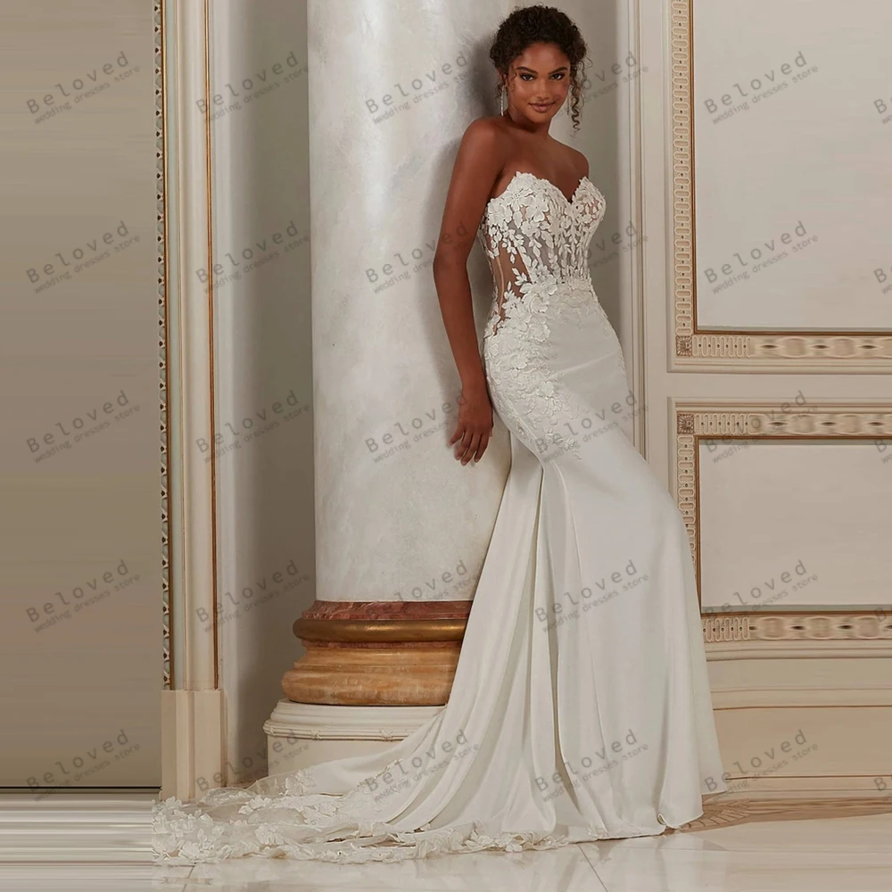 

Elegant Women's Wedding Dresses Satin Bridal Gowns Lace Appliques Sleeveless Backless Robes Pretty Vestidos De Novia Customized