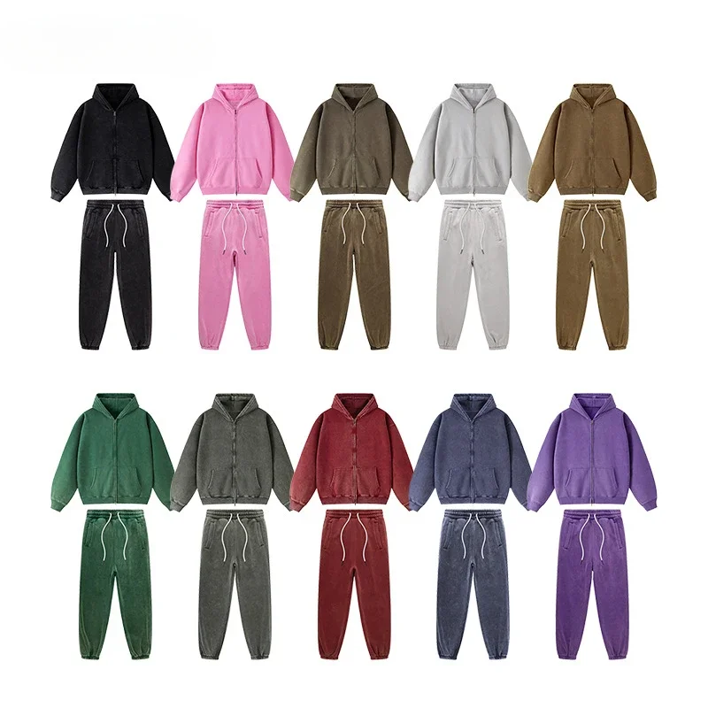 

Children's Tracksuit Tide Washing Old 360G Fleece Warm Double-headed Zipper Hoodie Sweatpants Boy Girl Outfits Casual Sportswear