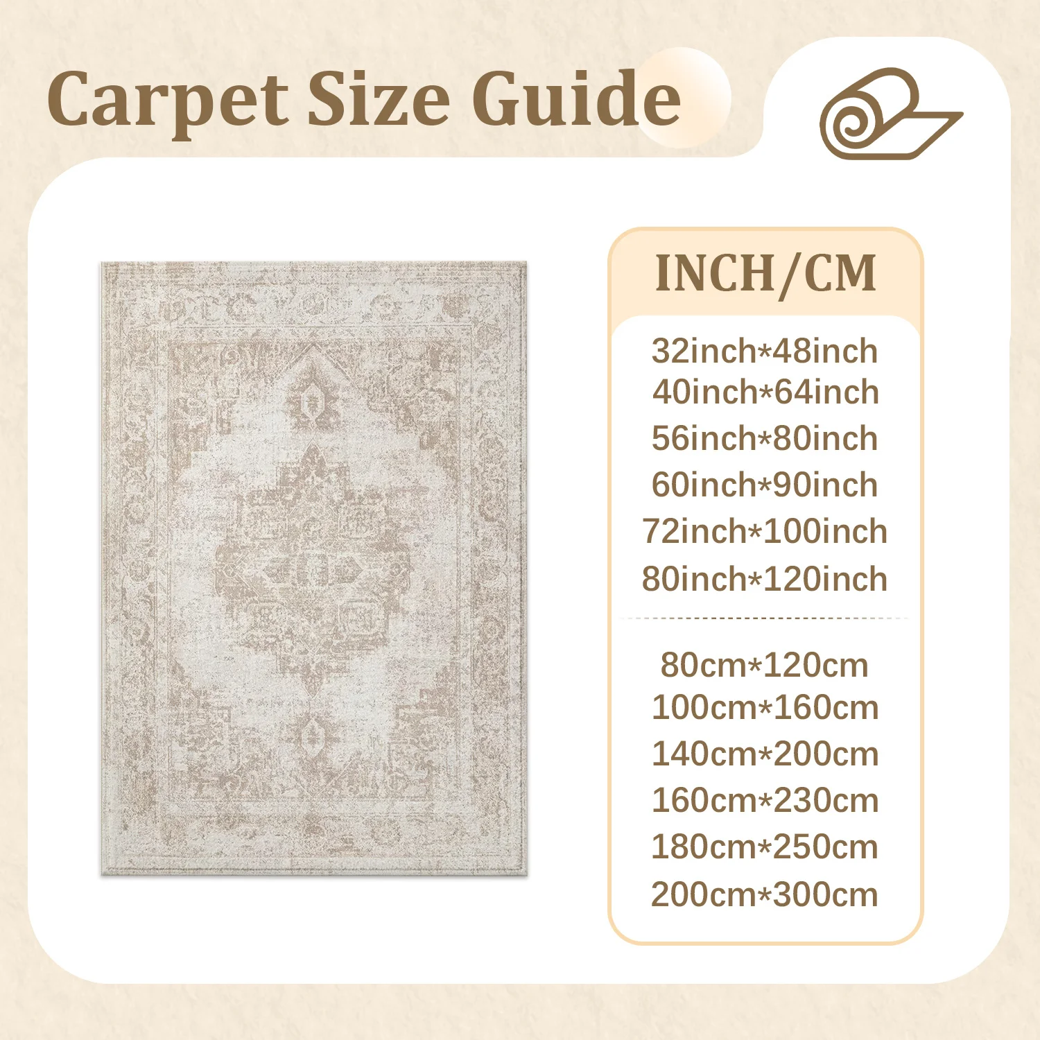 Large Indoor Area Rug, Soft Velvet Low Pile Rug with Non-slip Dotted Backing, Machine Washable Vintage Distressed Medallion Rug for Living Room Bedroom, Neutral Beige Cream Faded Ornament Indoor Floor Rug