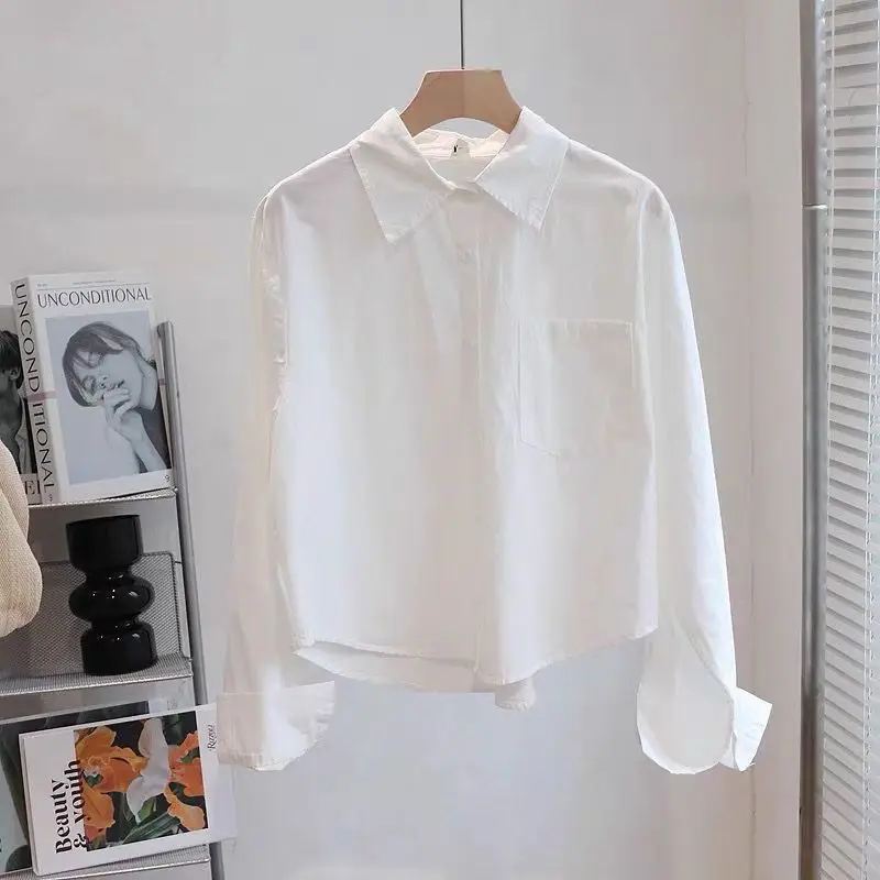 Women Clothing Spring New Short Youth Preppy Style Shirt Tops Polo Neck Long Sleeve Solid Simplicity Trend Blouse Casual Fashion