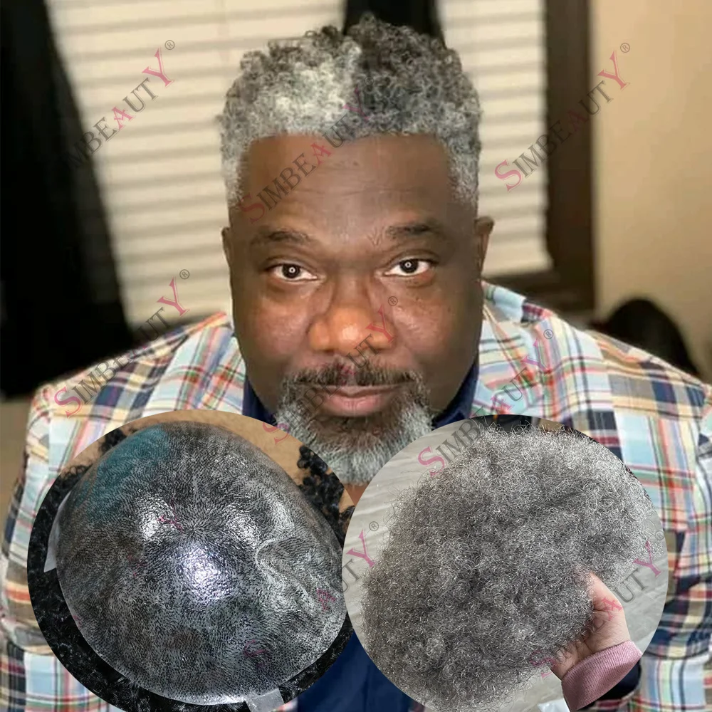 

#1b#1b40#1b50#1b80 Grey Mix Black African American Wig 4mm 6mm Afro Tight Curly Full PU 100%Indian Human Hair Men Toupee Prosthe
