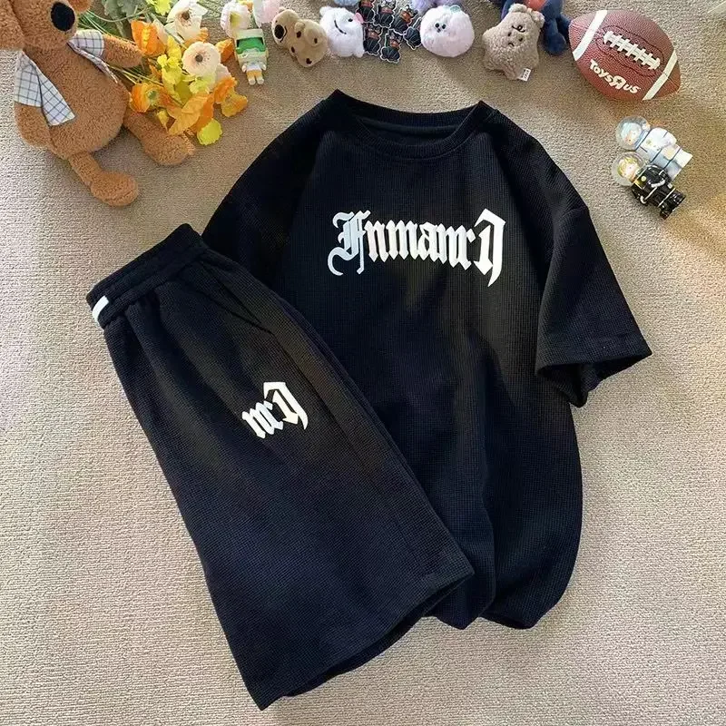 Oversized Loose Jogging Waffle Casual Suit Men Loose Korean Short-sleeve Tshirt + Sports Shorts Summer Men Letter Print 2pcs Set