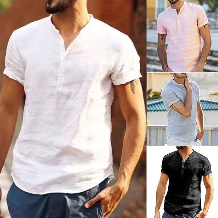 

Men's Linen irt Breathable Stand up Collar Top ort Sve Cotton Blend Casual Comfortable Fit European Sle Color