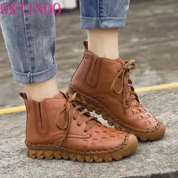 GKTINOO 2024 kobiet moda w stylu Vintage buty z prawdziwej skóry damskie jesienno-zimowe buty na platformie botki damskie sznurowane buty Casual