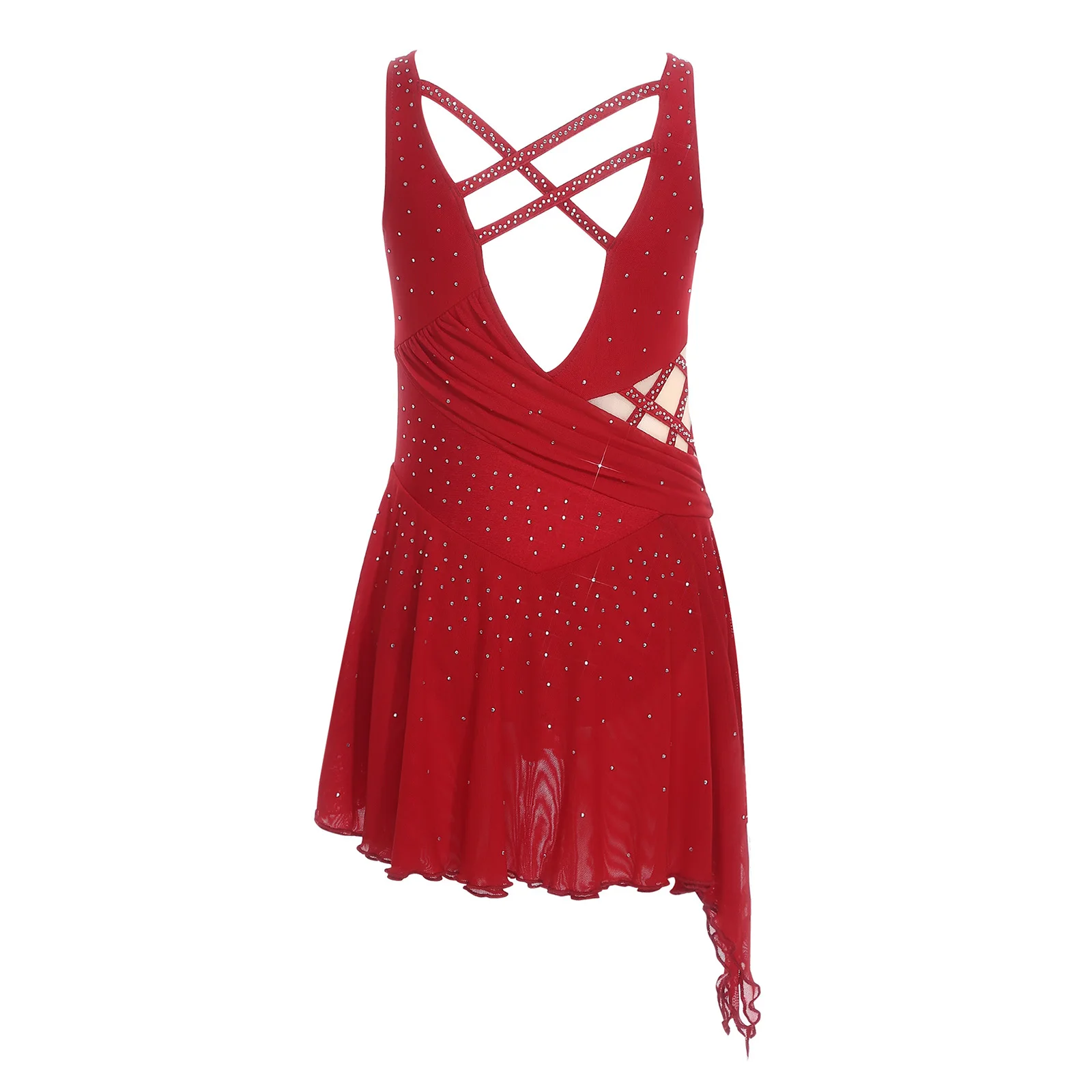 Kids Girls Shiny Rhinestones Figure Skating Dress Sleeveless Sheer Mesh Lyrical Dance Ballet Gymnastics Acrobatics Leotard Tutu