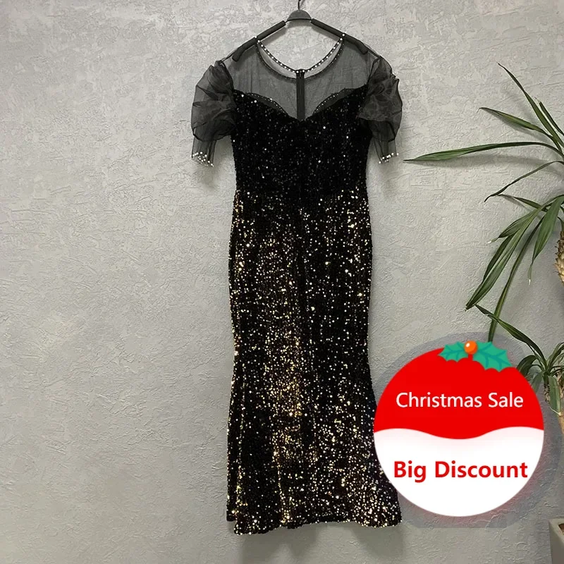 

Customized Summer Elegant African Women Short Sleeve O-neck Sequined Long Dress Maxi Dress African Dresses African Wedding Party