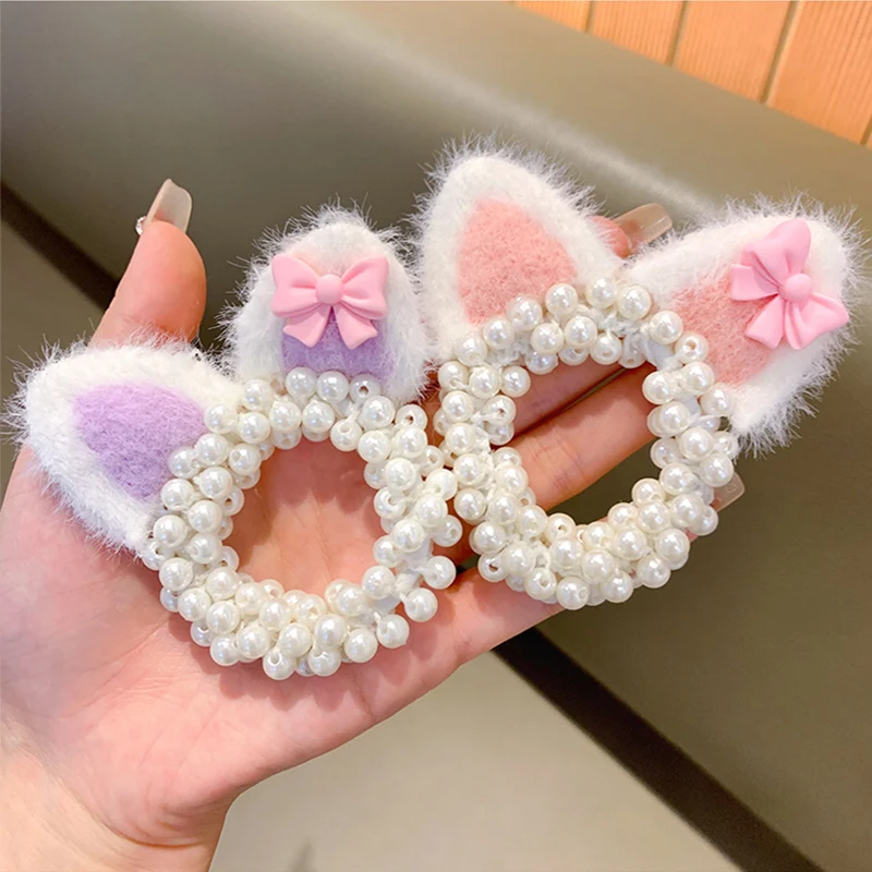 New Cute Cartoon Ear Hair Rope Pearl Elastic Hair Bands Headbands Girls Sweet Flower Headwear Hair accessories Kids Ornaments