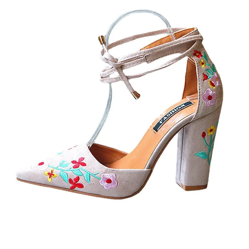 Comemore Ladies High Heels Embroidery Flower Pumps Ankle Strap Female Pointed Toe Shoes Heel Sandal for Women Summer Footwear 43