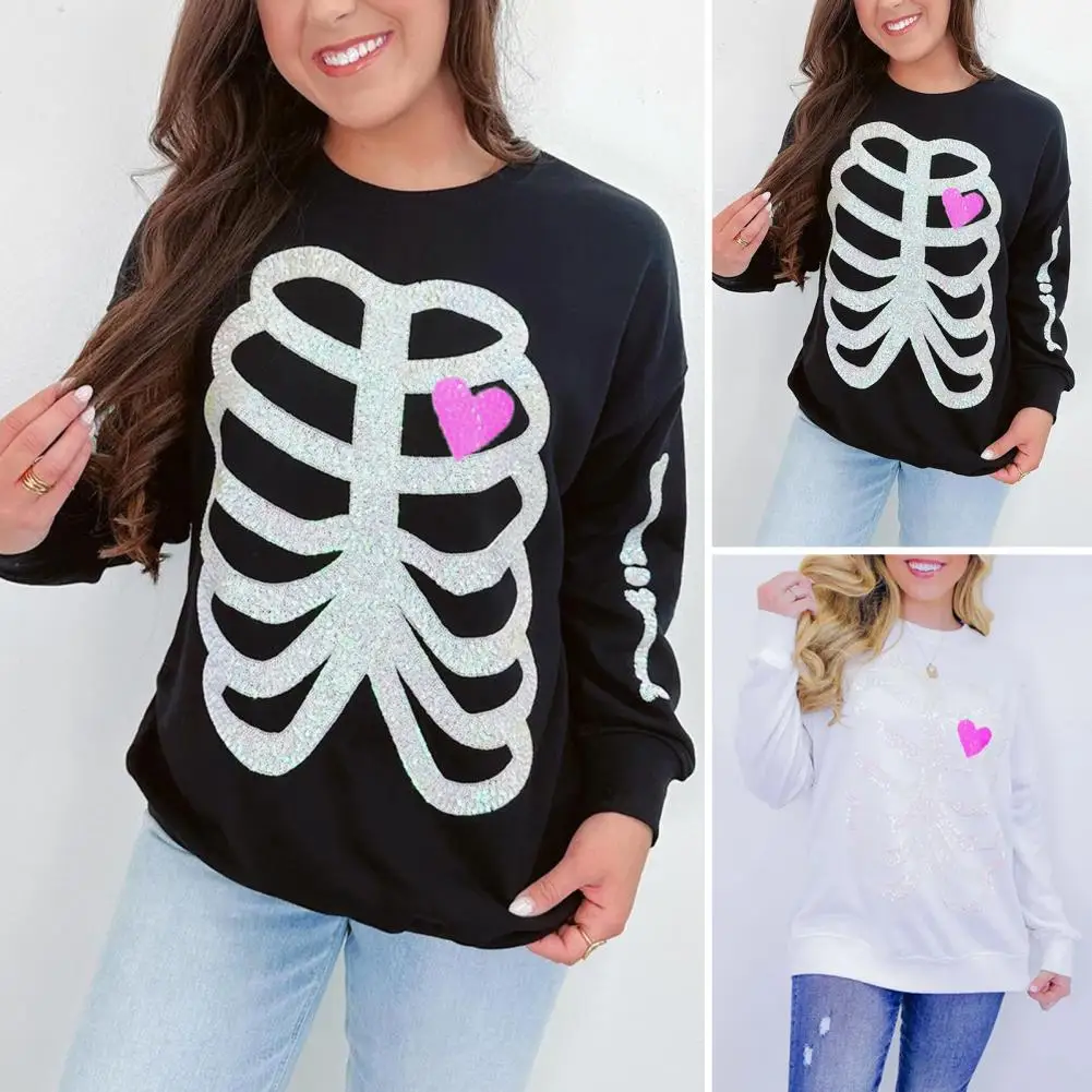 

1Pc Women Halloween Sequin Sweatshirt Cute Long Sleeve Halloween Jumper Casual Sequin Skeleton Sweatshirt for Women for Sport