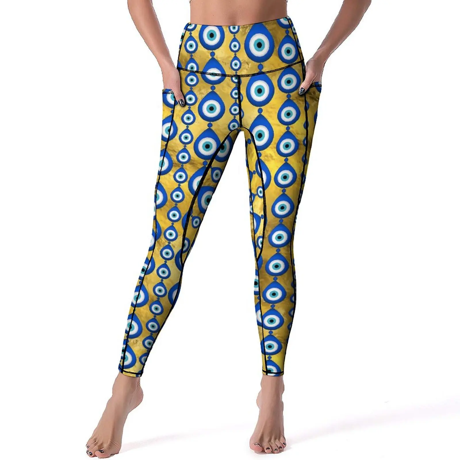 Evil Eye Print Yoga Pants Pockets Mati Mataki Leggings Sexy High Waist Novelty Yoga Sports Tights Stretch Design Fitness Leggins