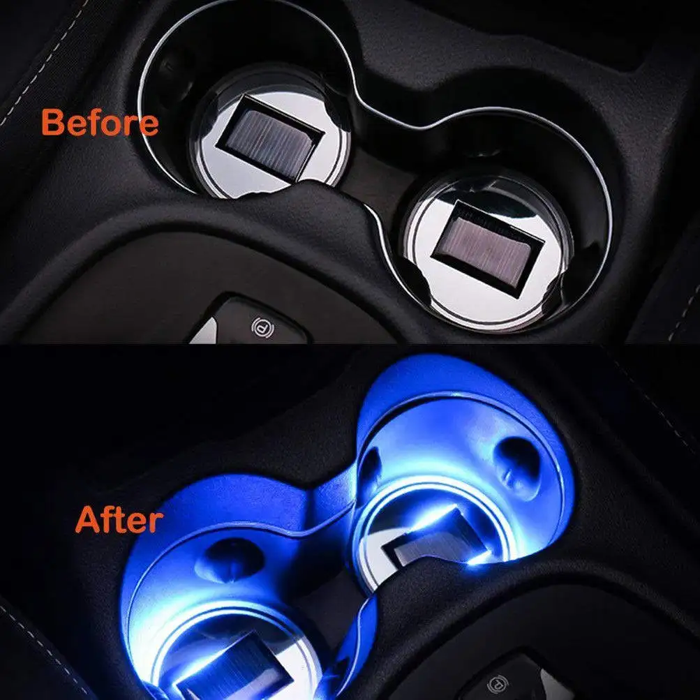 2Pcs Night Mats Solar Powered LED Car Cup Holder Pads Auto on Off Vibration Sensor Drink Coasters Blue