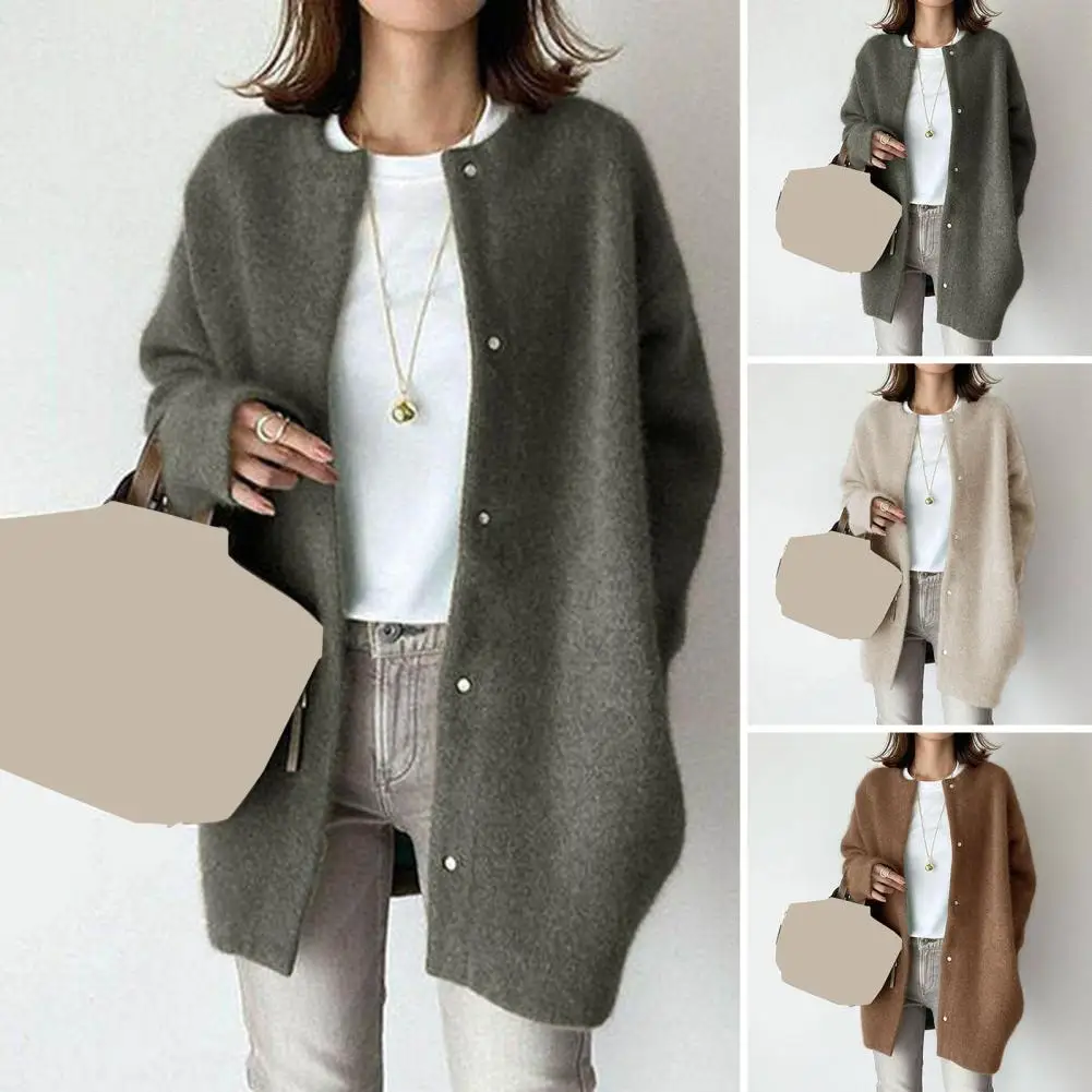 Solid Color Women Coat Elegant Round Neck Knit Coat for Women Solid Color Loose Fit Outwear with Long Sleeves Stylish Mid-length