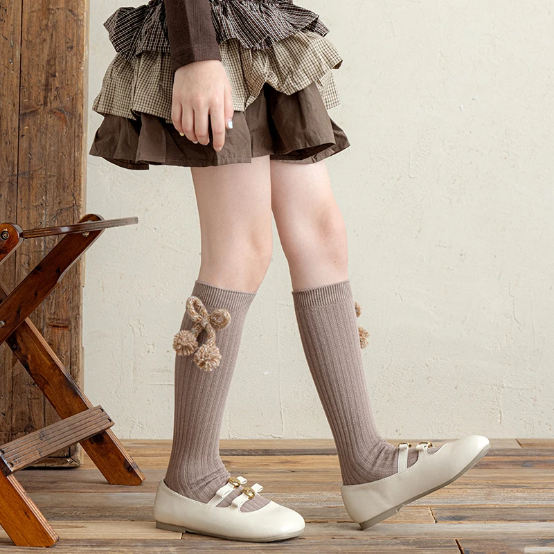 Cute Mixed‑Color Knitted Pom Pom Bow Mid‑Calf Socks For Girls Vertical Stripe Solid Tone Skin‑Friendly Stretch Cotton Stockings