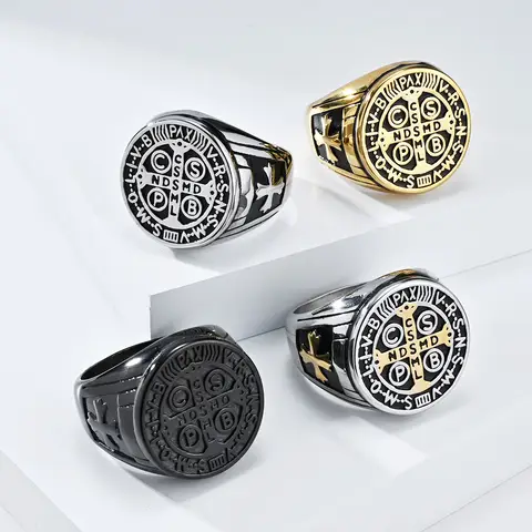 Men's St Benedict Exorcism Ring Stainless Steel Solid Heavy Rings Catholic Roman Cross Demon Protection Ghost Hunter