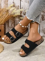 Women's Summer and Spring/Autumn Casual Simple Buckle Cork-Patterned Adjustable Pu Upper Flat Slip-On Double-Strap Sandals Beach Slippers for Home and Outdoor Use - Image 2