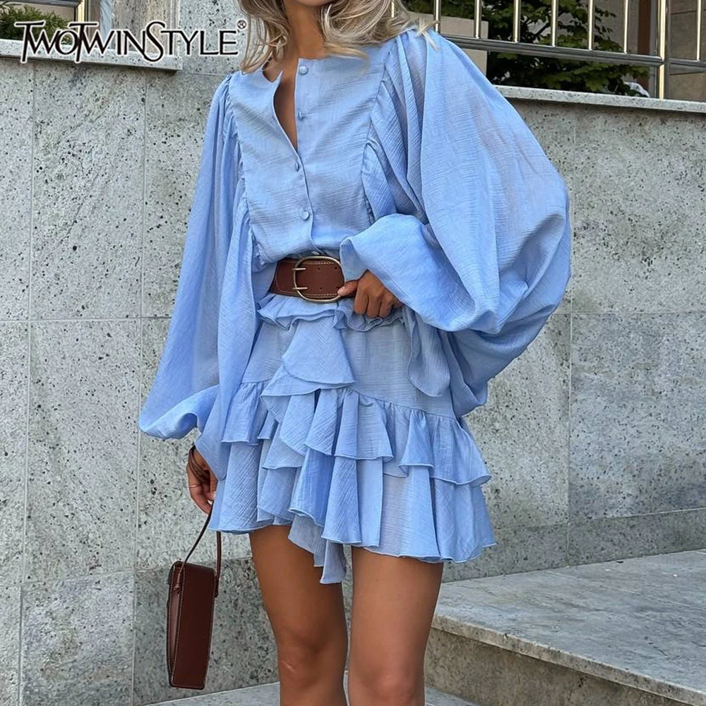 

TWOTWINSTYLE Solid Loose Spliced Ruffles Folds Dresses for Women Round Neck Long Sleeves Patchwork Single Breasted Dress Female