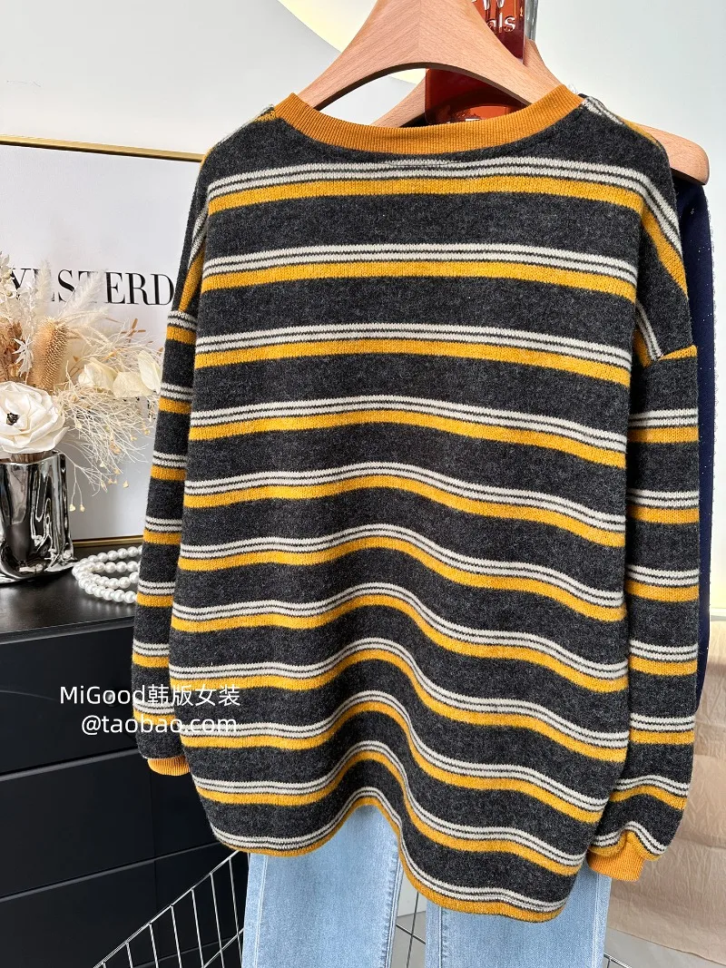 Mid-Length Soft Comfortable Hoodies Winter Versatile Color Block Striped Loose Oversized Slimming Sweatshirt Women's Kawaii Coat