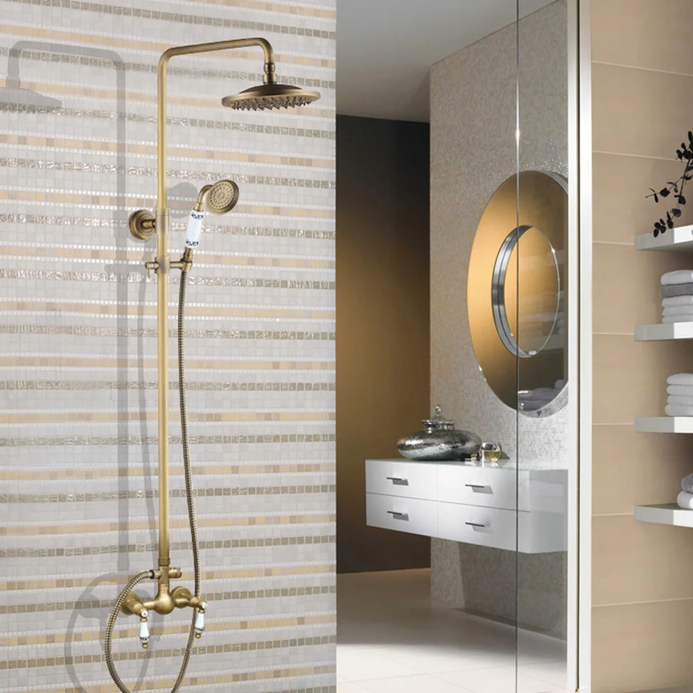 Vintage Retro Antique Brass Dual Ceramic Handles Bathroom 8 Inch Round Rain Shower Faucet Set Mixer Tap Hand Shower man108