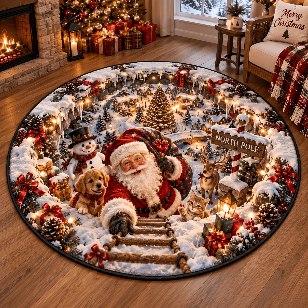 Washable Round Floor Pad 2D Flat Christmas North Pole Santa Snowman Pet Design Non Slip Soft Rug Holiday Accessory