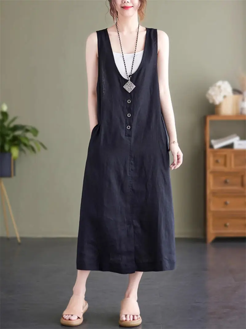 Cotton Linen Sleeveless Tank Dress For Women Summer Art Large Size Casual Loose Slim Medium Length Solid Color Vest Dress Z2736