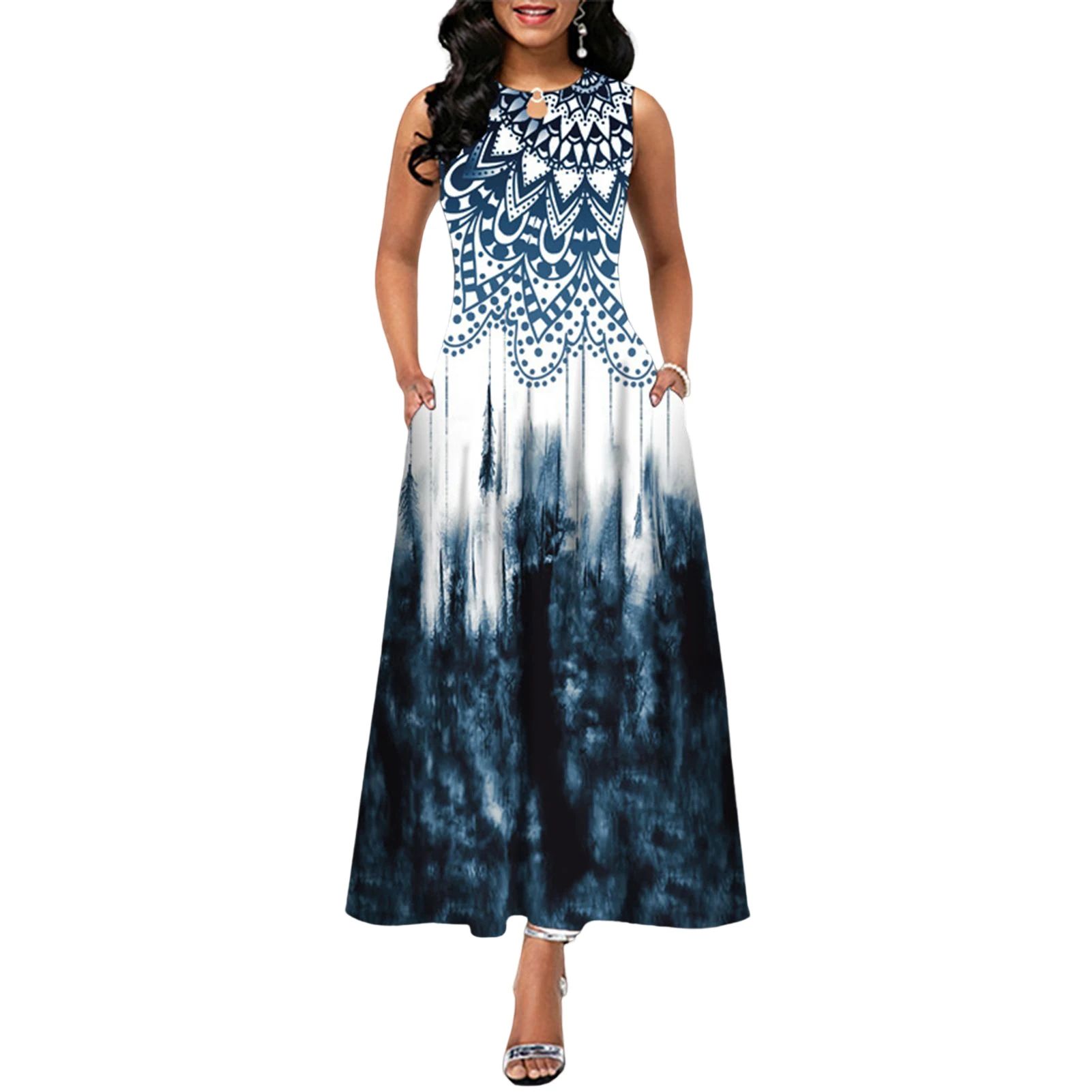 Women's Spring Crew Neck Dresses Printed Waistband Boho Style Long Dress for Home Office Outfit