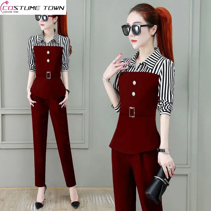 Striped Patchwork Belt Decoration Long-sleeved Shirt Casual Pencil Pants Two-piece Elegant Women Pants Suit Office Outfits